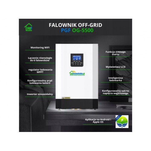Сонячний фотоелектричний інвертор OFF-GRID PGF OG-5500 MPPT 5.5KW + WiFi + акумулятор Bass Polska AGM BP-5976 (х4)