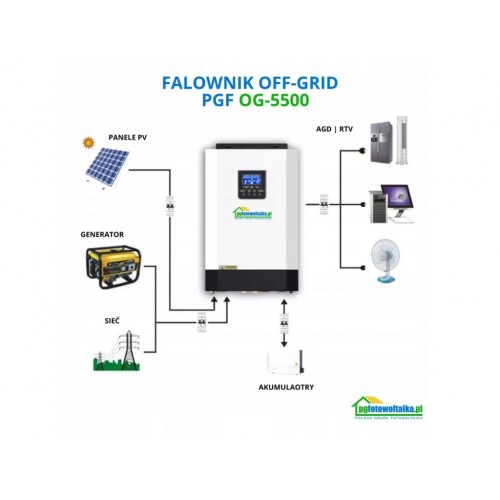 Сонячний фотоелектричний інвертор OFF-GRID PGF OG-5500 MPPT 5.5KW + WiFi + акумулятор Bass Polska AGM BP-5976 (х4)